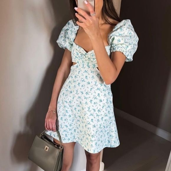 NWT Zara Floral Puff Sleeve Cutout mini dress Sz. S and M - Picture 2 of 5